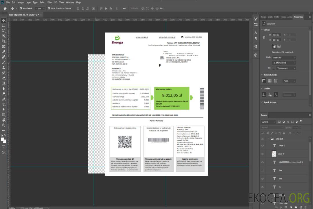 Facture commerciale des services publics d'Energa en Pologne, SCR template
